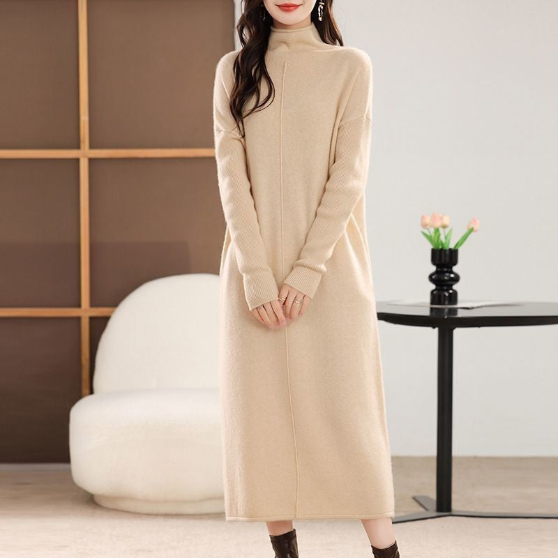 Robe Longue Tricotée pour Femme avec Col Montant et Manches Longues