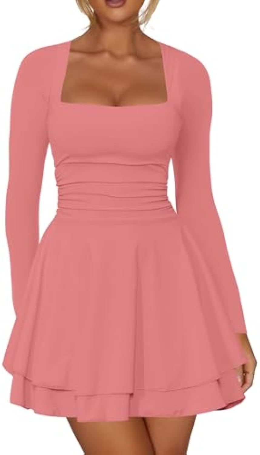 Robe mini en jersey ajustée pour femmes avec décolleté carré, coupe cintrée et jupe à volants