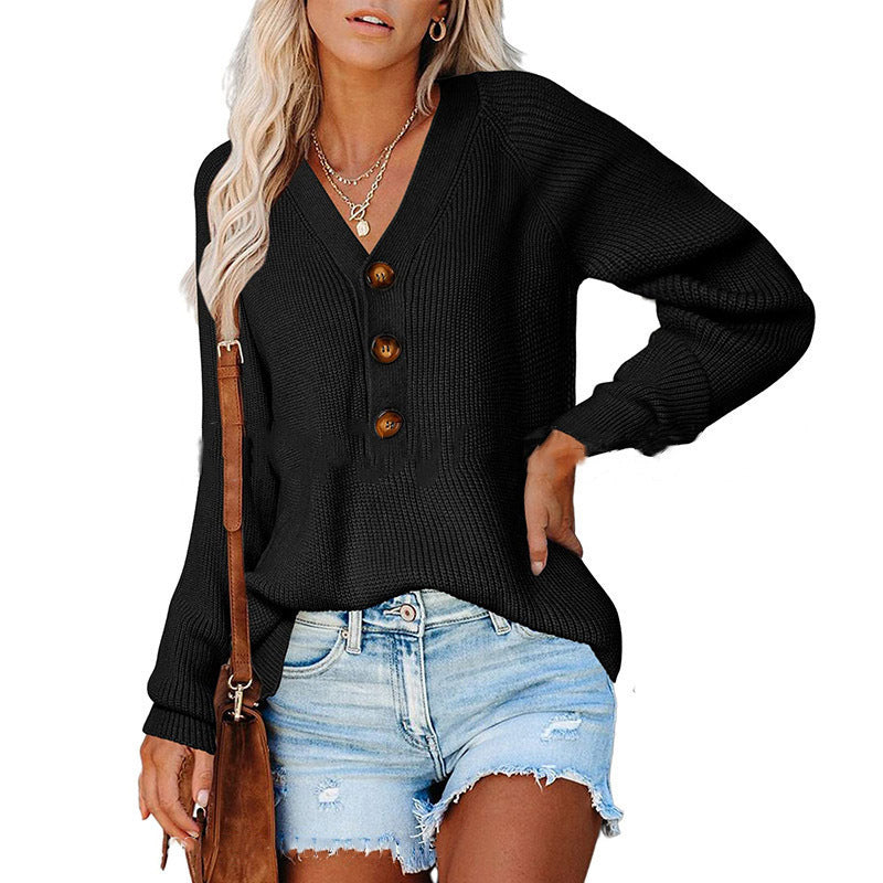 Pull en tricot côtelé pour femmes avec décolleté en V, patte de boutonnage décorative et manches ballon Echoarchiv