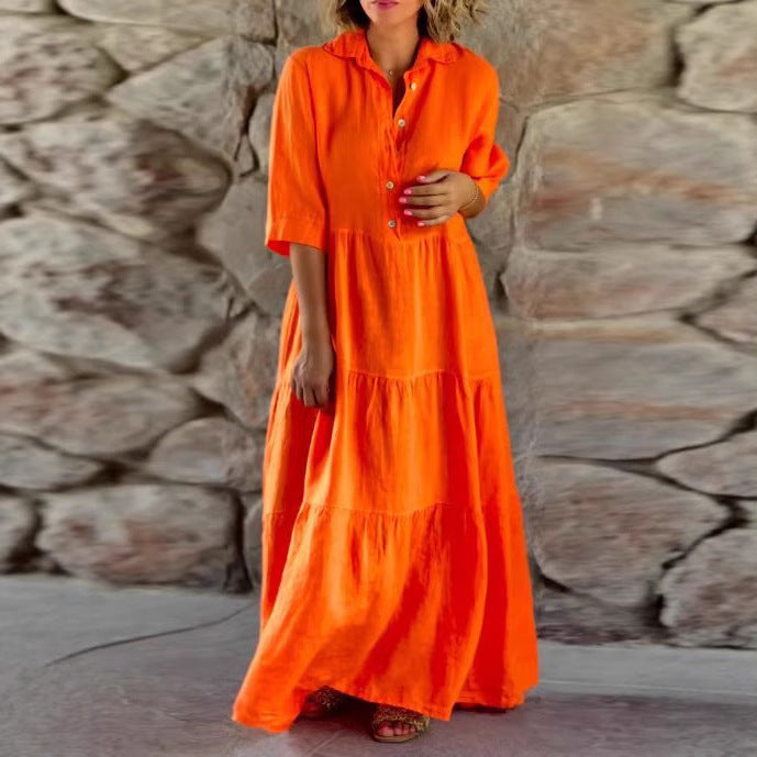 Robe maxi à volants en mélange de lin d'été pour femmes avec col chemise, taille froncée et manches mi-longues R&B