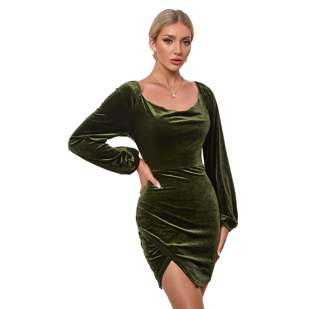 Robe Mini en Velours à Enveloppement avec Col Cascade, Manches Bouffantes et Fronces Asymétriques