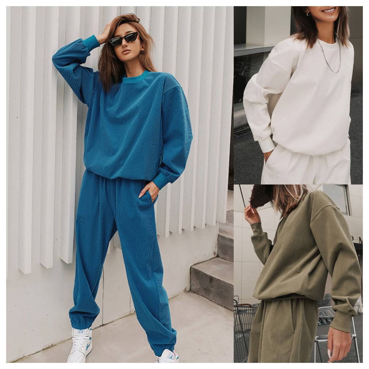 Ensemble Lounge Oversize Femme en Jersey Texturé avec Col Rond et Pantalon Élastique