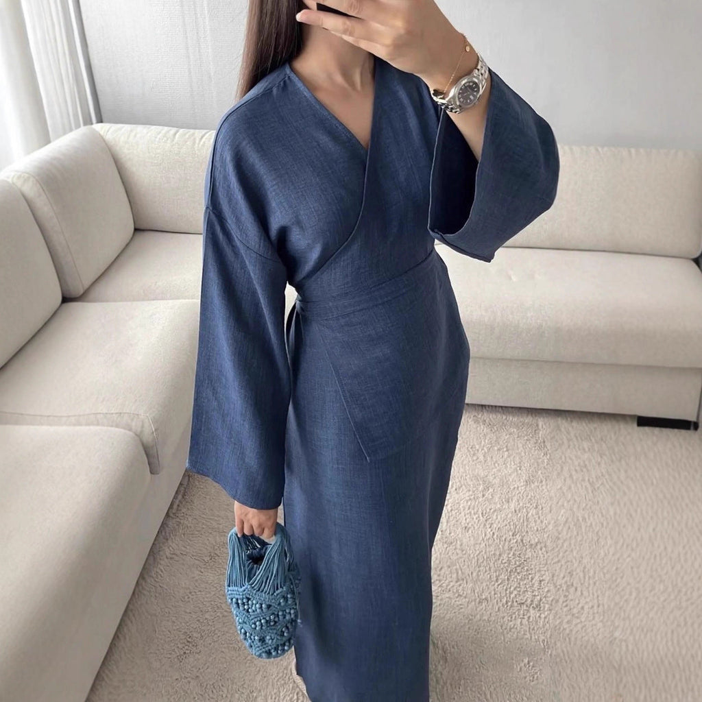 Robe maxi portefeuille pour femmes en effet lin avec manches kimono et taille cintrée Echoarchiv