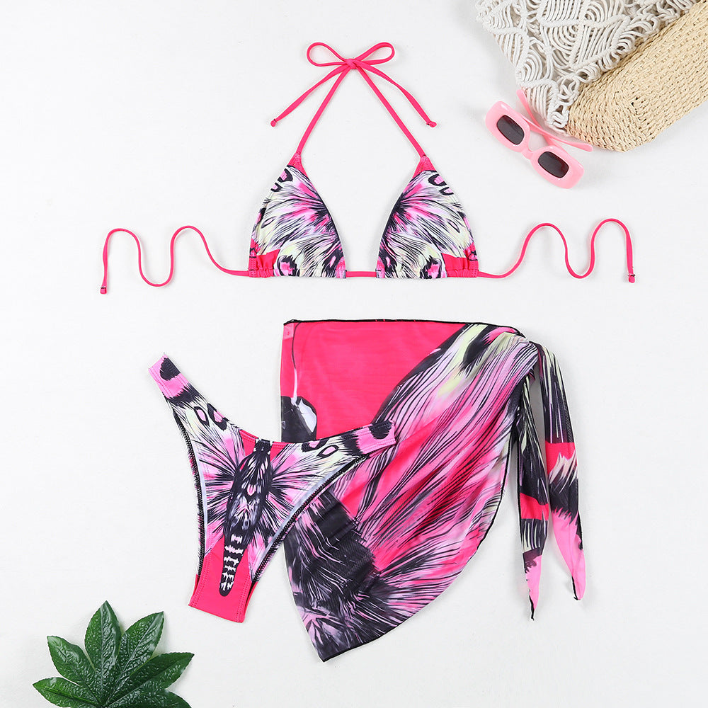 Ensemble bikini triangle pour femmes avec impression papillon excitante et pareo assorti R&B