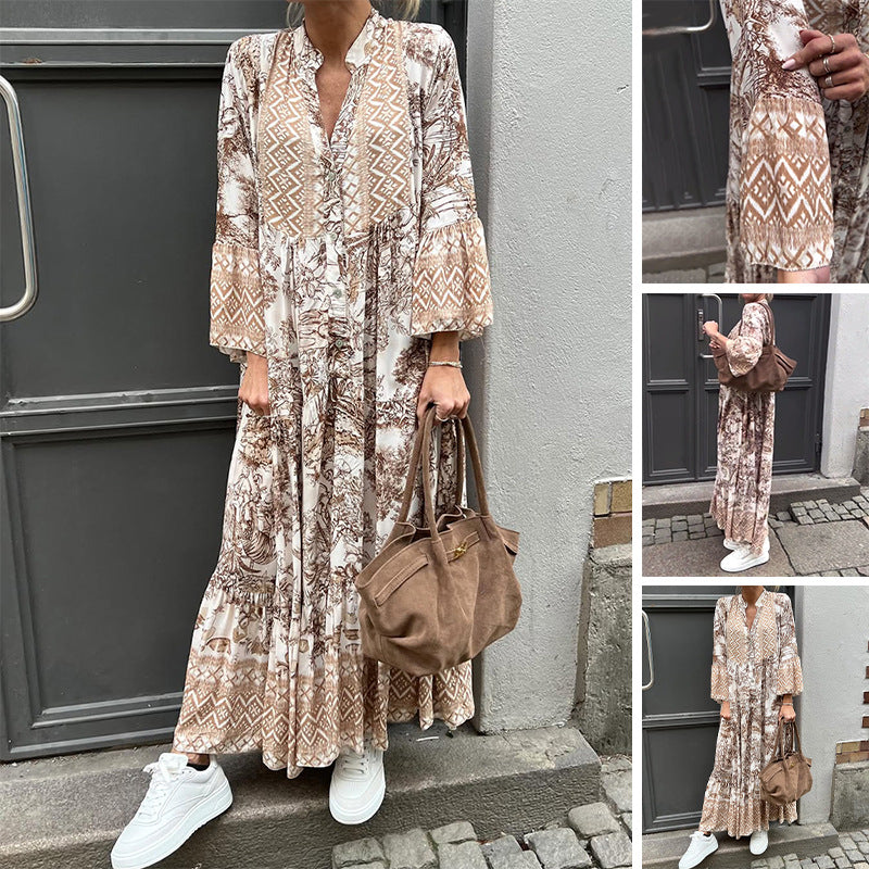 Robe maxi à volants pour femmes avec bordure ethnique, col montant et manches évasées R&B