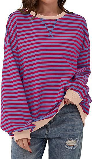 Sweat-shirt à rayures oversize décontracté pour femmes avec manches raglan et bords contrastés Echoarchiv