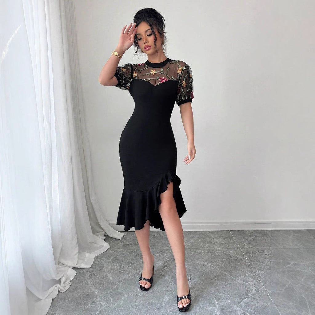 Robe midi ajustée pour femme avec haut en tulle brodé, manches bouffantes et ourlet volanté asymétrique R&B