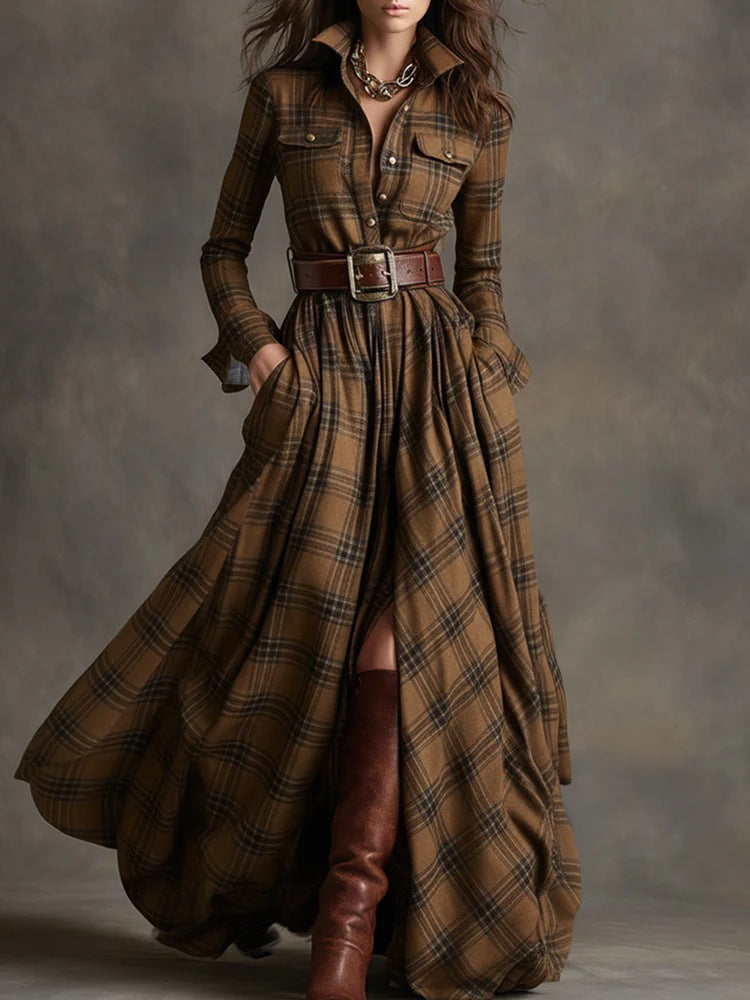 Robe Maxi à Carreaux pour Femmes avec Haut de Chemise, Taille Cintrée et Poches Latérales Echoarchiv