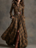 Robe Maxi à Carreaux pour Femmes avec Haut de Chemise, Taille Cintrée et Poches Latérales Echoarchiv