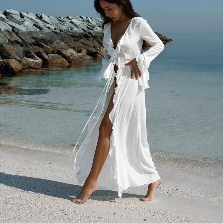 Robe de plage pour femmes avec des volants raffinés et un décolleté en V profond R&B