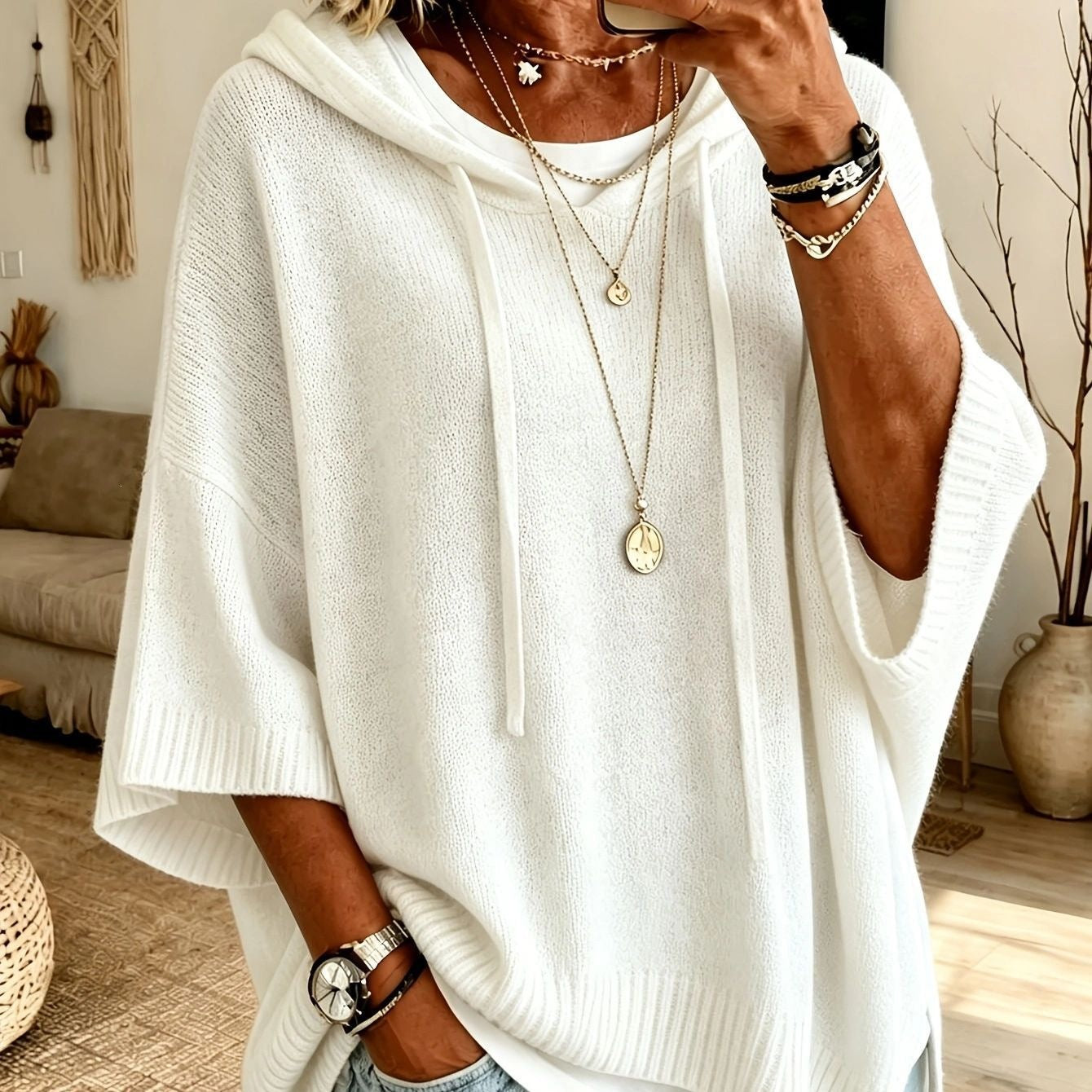 Poncho en tricot oversized avec capuche et manches courtes pour femmes Echo Archiv