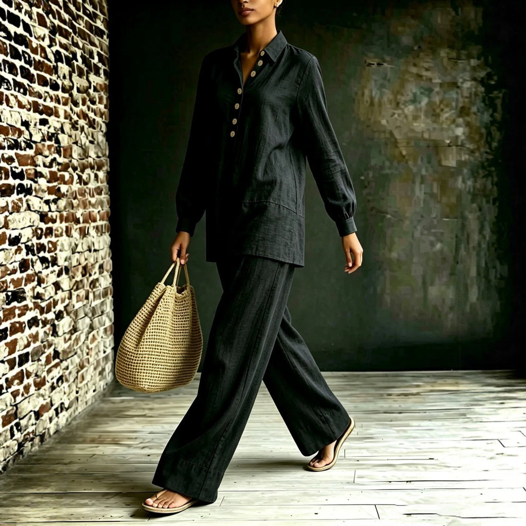 Ensemble tunique-pantalon pour femmes en aspect lin avec col chemise et coupe ample Echoarchiv