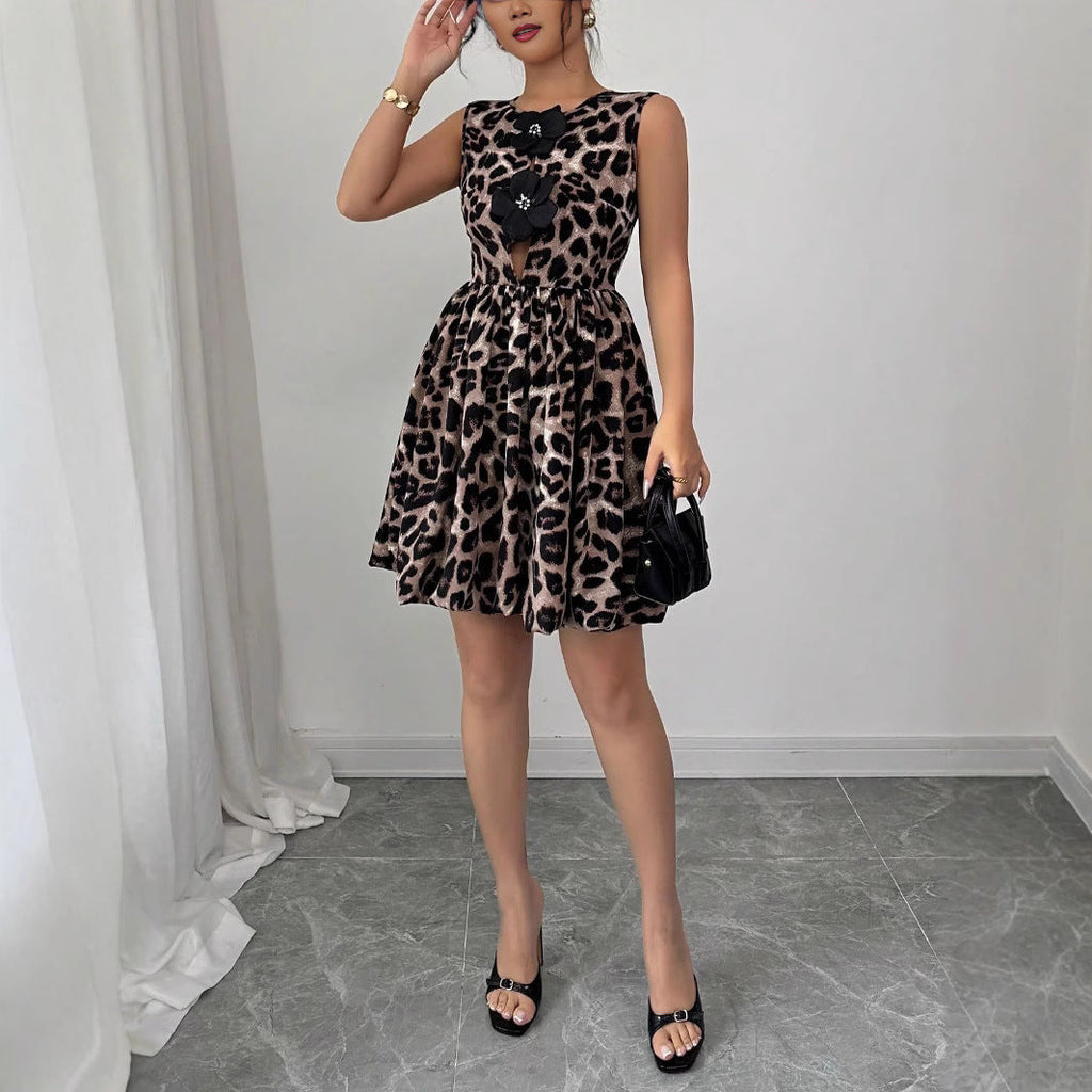Robe de soirée courte pour femmes avec motif léopard, appliques florales et jupe ballon cintrée R&B