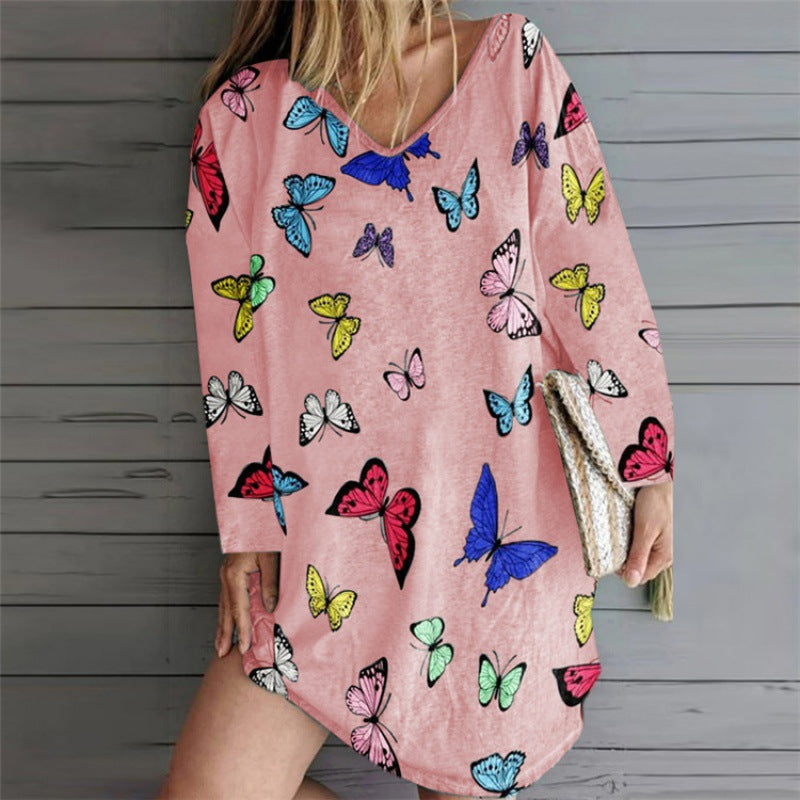 Robe tunique oversize pour femmes avec décolleté en V et imprimé papillon Echo Archive