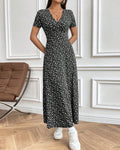 Robe midi en jersey cintrée pour femme avec haut croisé, manches courtes et jupe évasée R&B