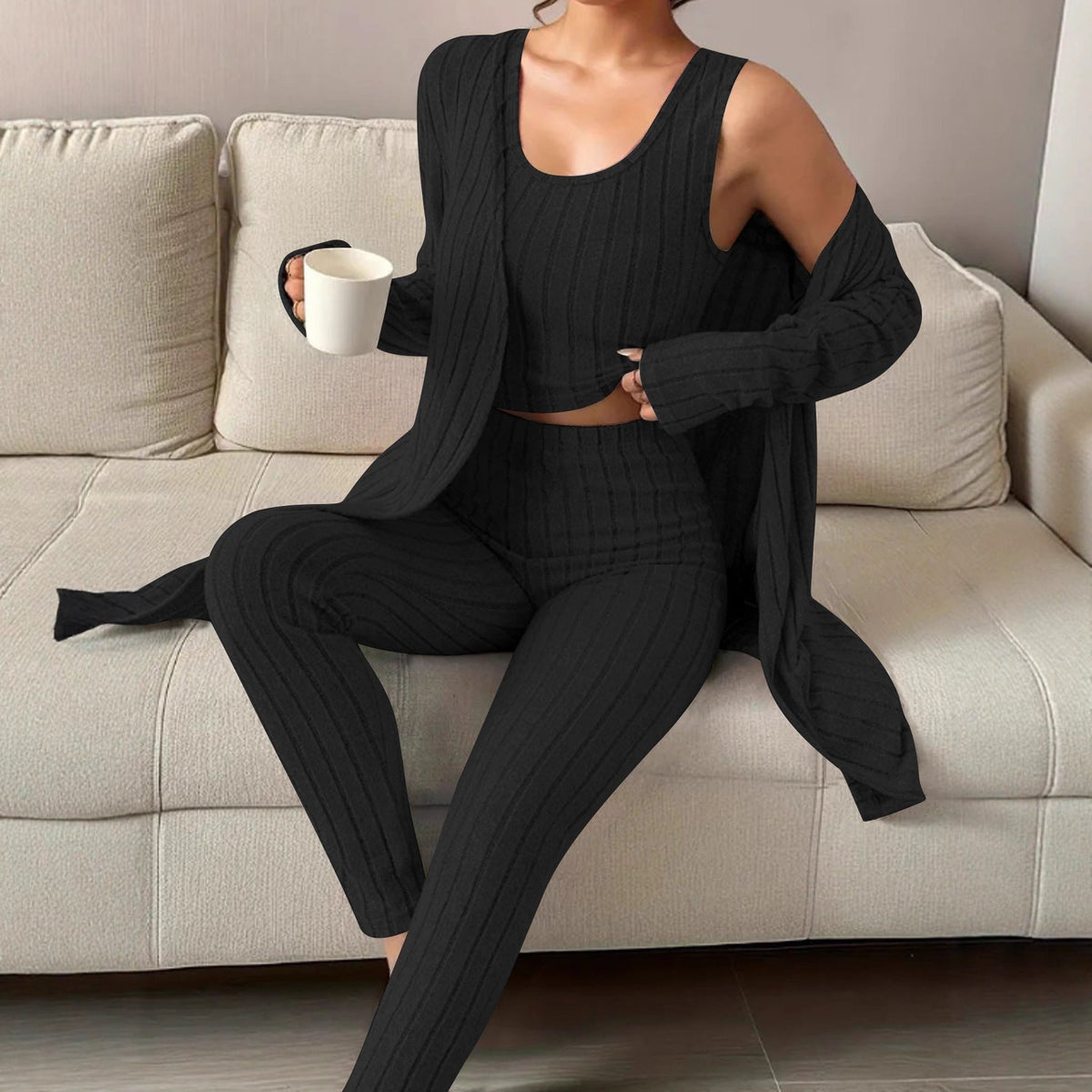 Ensemble Lounge en Tricot Fin Côtelé pour Femmes avec Cardigan Long, Top Court et Leggings Taille Haute Echoarchiv