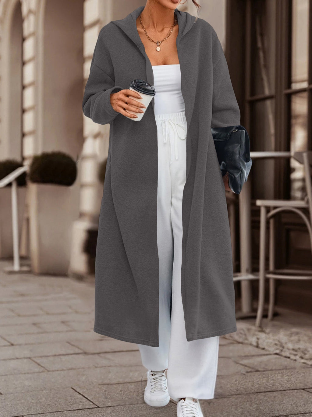 Manteau long oversize à capuche pour femmes avec devant ouvert et doux en polaire Echoarchiv