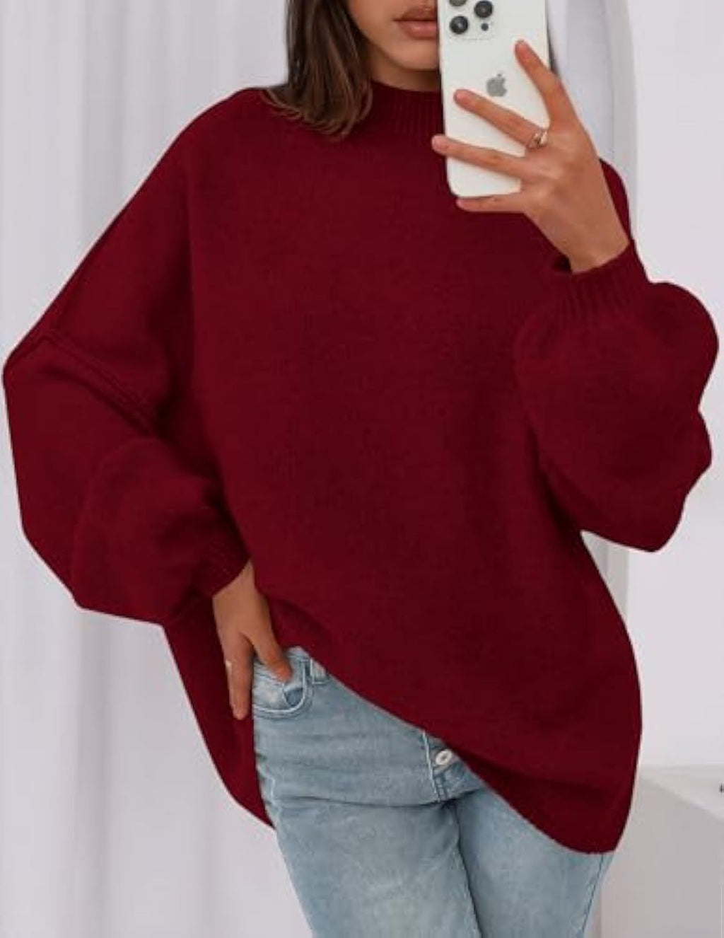 Pull en maille oversize pour femmes avec col montant et manches ballon