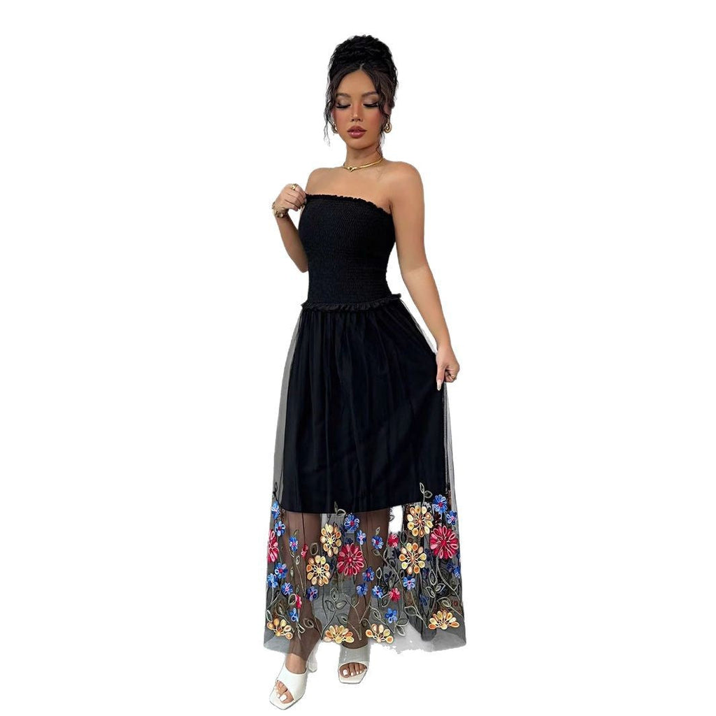 Robe midi sans bretelles pour femmes avec corsage froncé et jupe en tulle brodé R&B