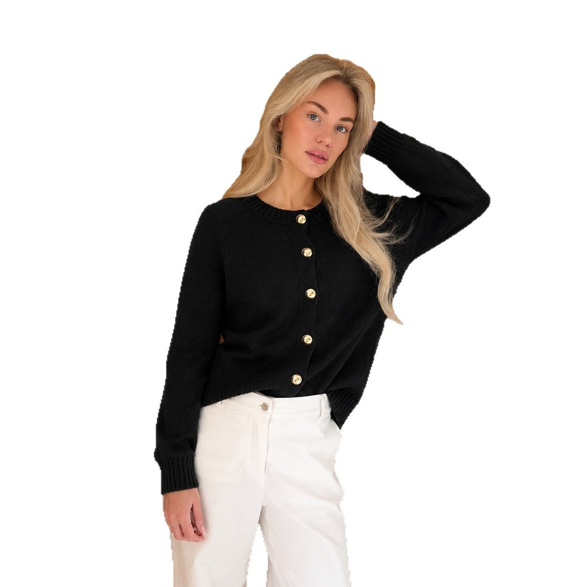 Cardigan en maille fine pour femmes, coupe ample, avec des boutons décoratifs dorés et des bords côtelés