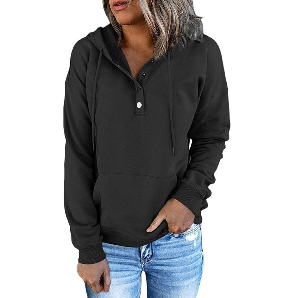 Sweat à capuche pour femmes avec patte de boutonnage Henley, poche kangourou et coupe décontractée Echoarchiv