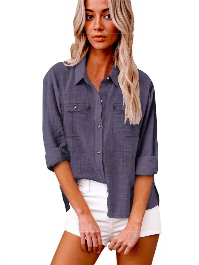 Chemisier oversize léger pour femmes en mélange de coton avec poches poitrine
