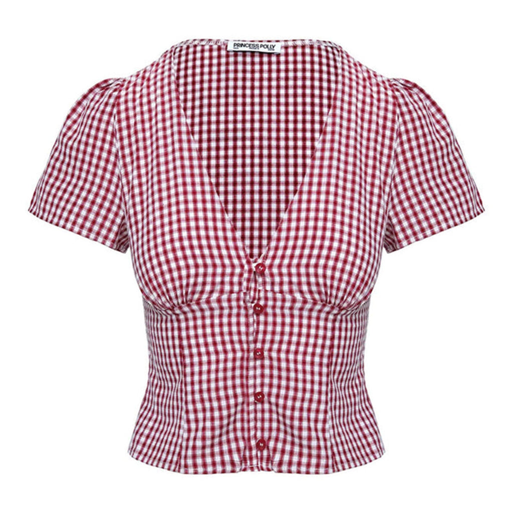 Blouse Femme à Manches Courtes à Carreaux avec Décolleté en V et Boutonnière Heidi-Mode