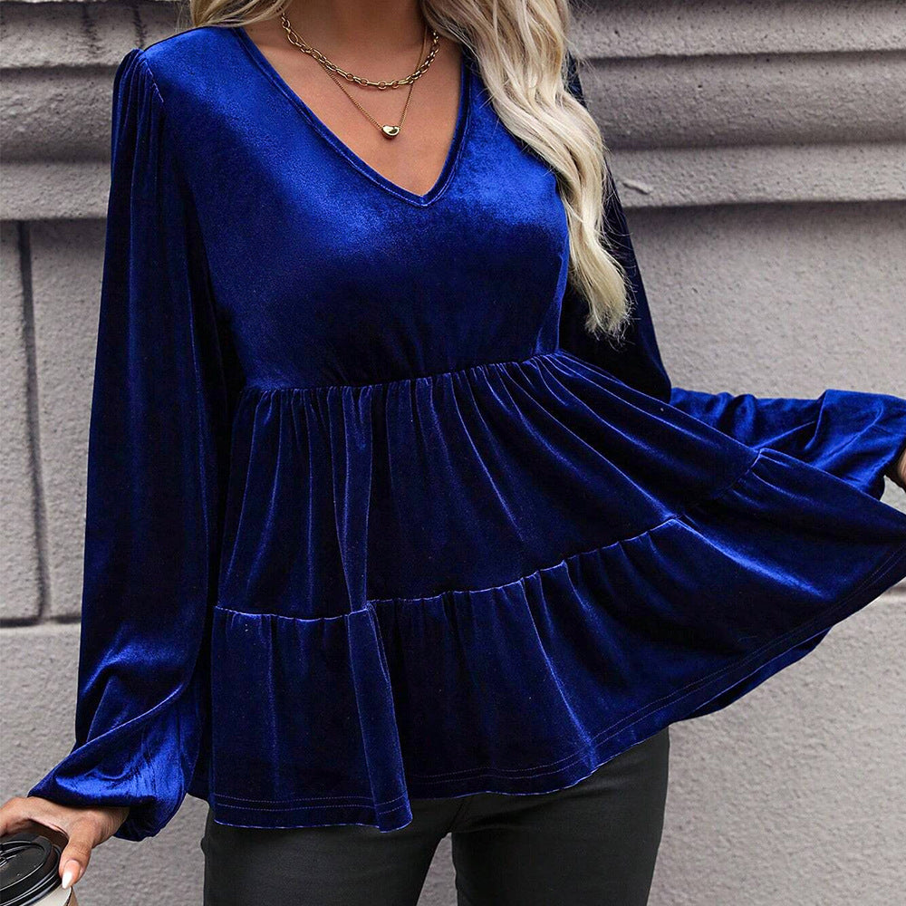 Top en velours à volants peplum pour femmes avec décolleté en V, taille froncée et manches ballon longues
