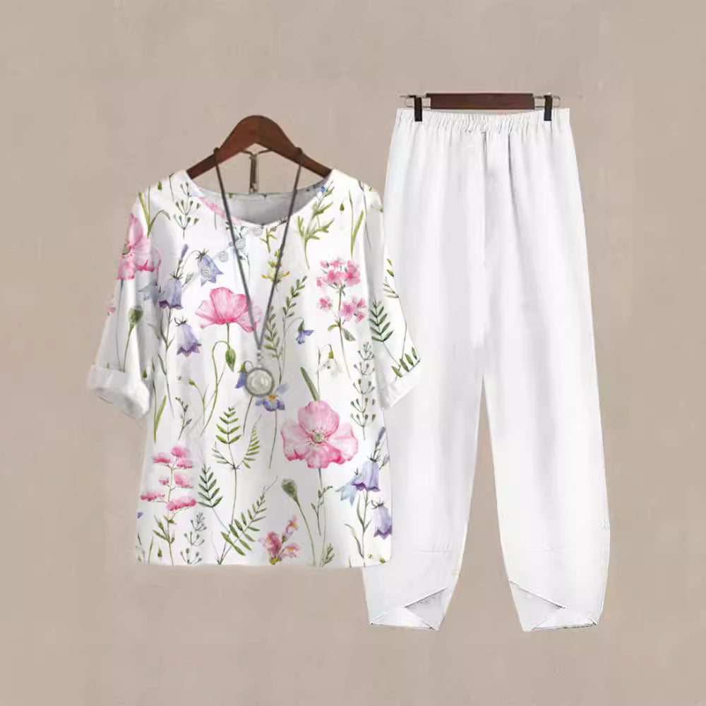 Haut de loisirs pour femmes avec motif floral et pantalon confortable R&B