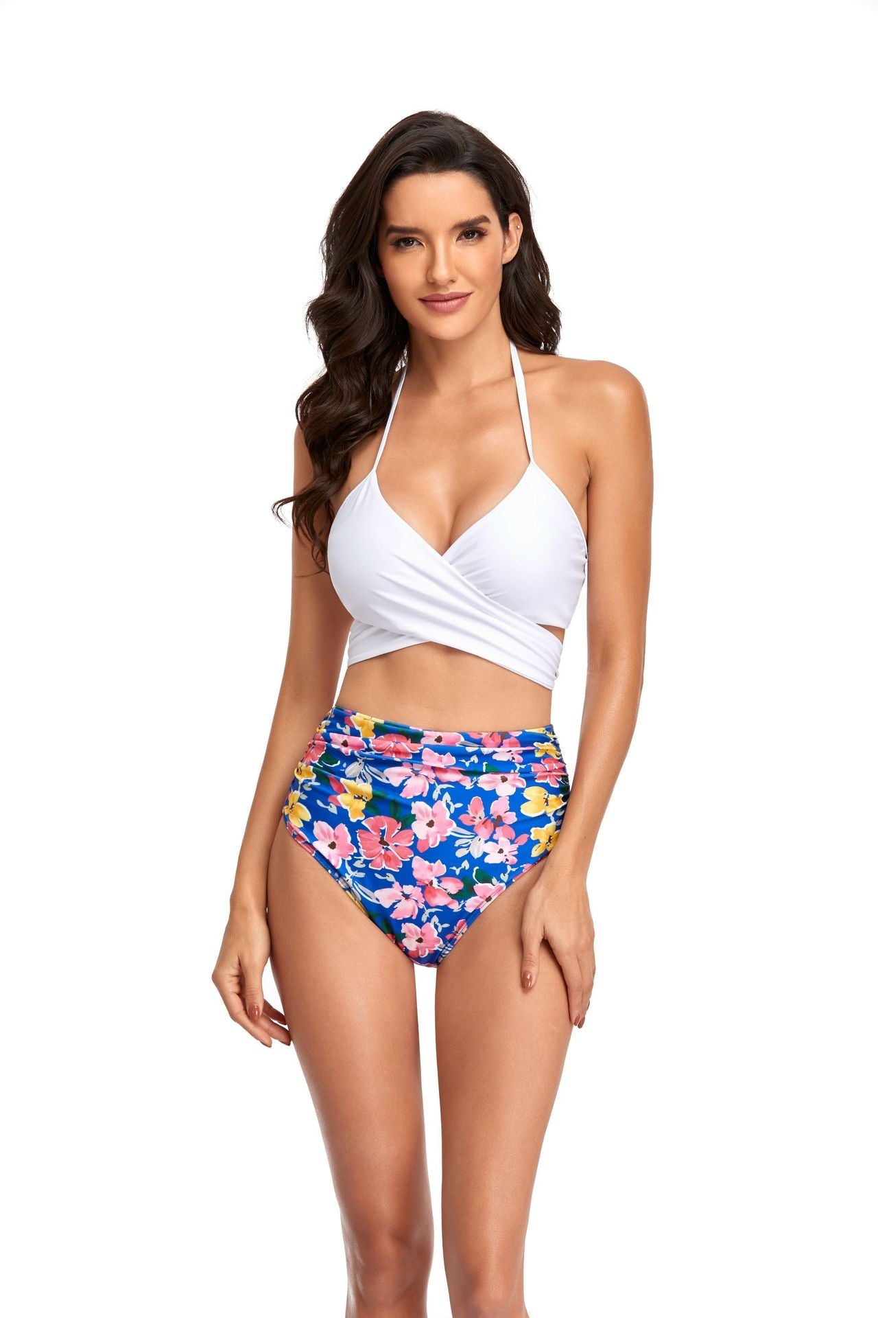 Bikini taille haute pour femmes avec haut croisé et motifs floraux R&B