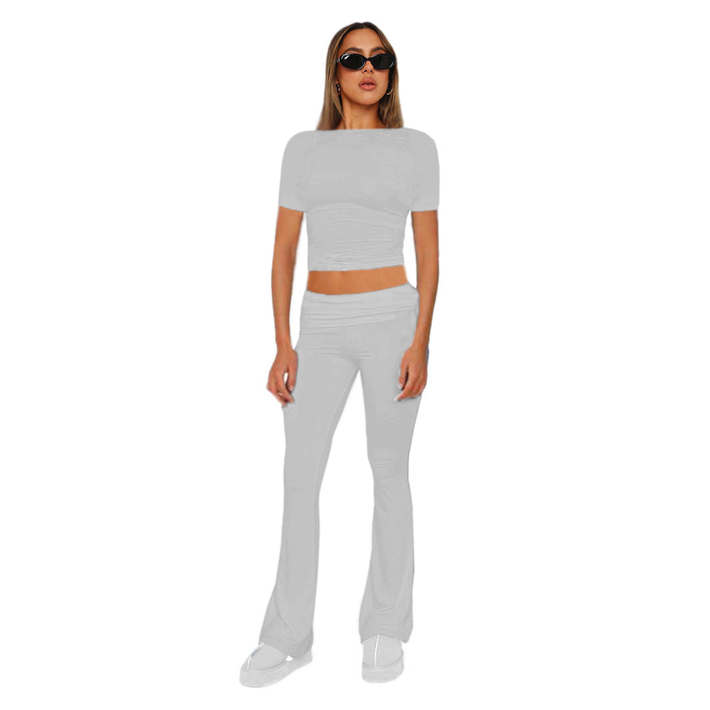 Ensemble femme crop en jersey stretch avec pantalon taille haute évasé Echoarchiv
