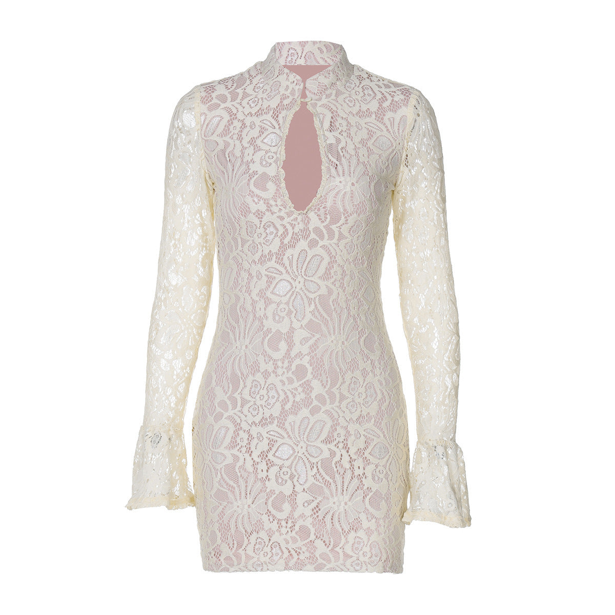 Robe en dentelle pour femmes avec manches longues et décolleté en V profond R&B