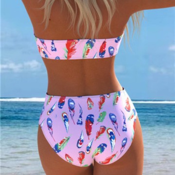 Bikini bandeau pour femmes avec un motif de plumes unique et une taille haute R&B