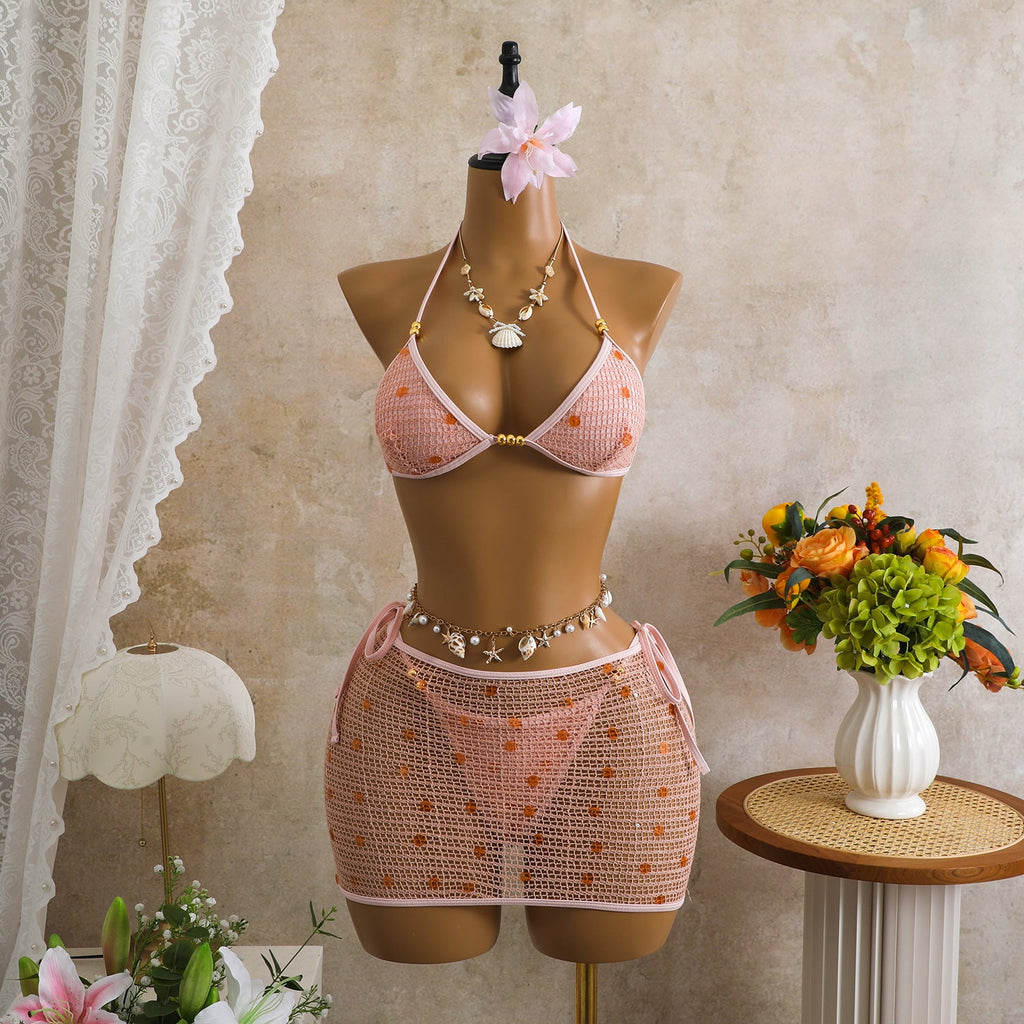 Bikini triangle pour femmes avec jupe transparente et détails scintillants R&B