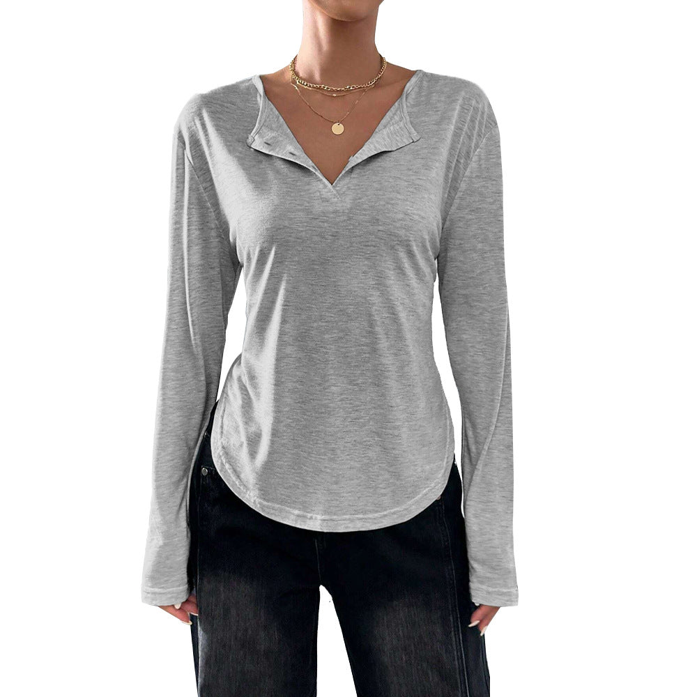 T-shirt à manches longues pour femmes avec décolleté en V, col ouvert, jersey doux et ourlet arrondi