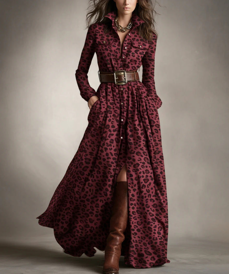 Robe Maxi à Carreaux pour Femmes avec Haut de Chemise, Taille Cintrée et Poches Latérales Echoarchiv