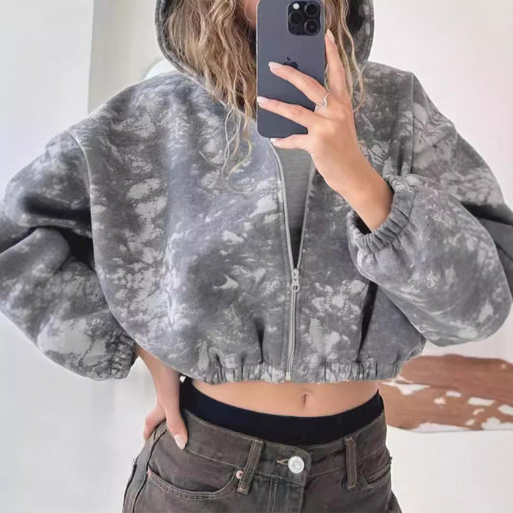 Sweat à capuche zippé court pour femmes avec effet usé, capuche et ourlet élastique Echo Archiv