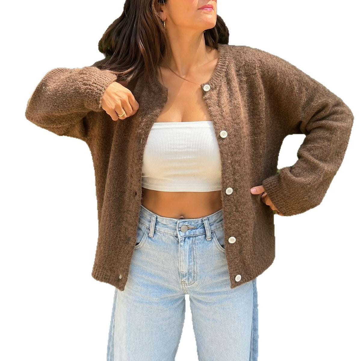 Cardigan en mohair douillet pour femmes avec boutons en nacre et coupe oversize