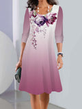 Robe A-ligne pour femmes avec imprimé floral, décolleté en U, manches trois-quarts et doux dégradé Ombre Echoarchiv
