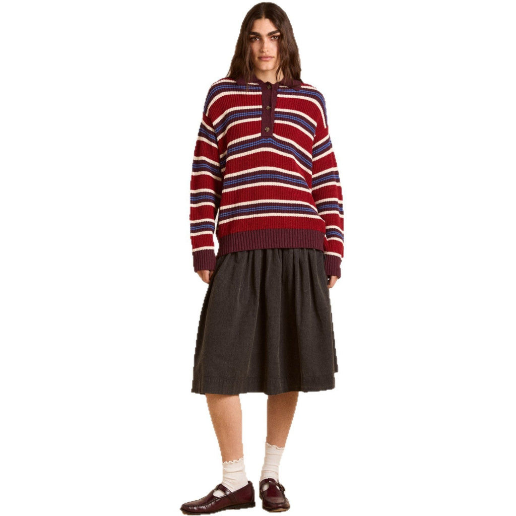Pull en tricot oversize pour femmes avec col polo et relief à rayures multistrates Echoarchiv