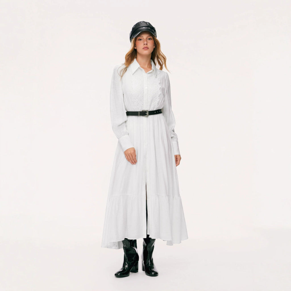 Robe chemise longue pour femmes avec dentelle, taille cintrée et jupe à volants
