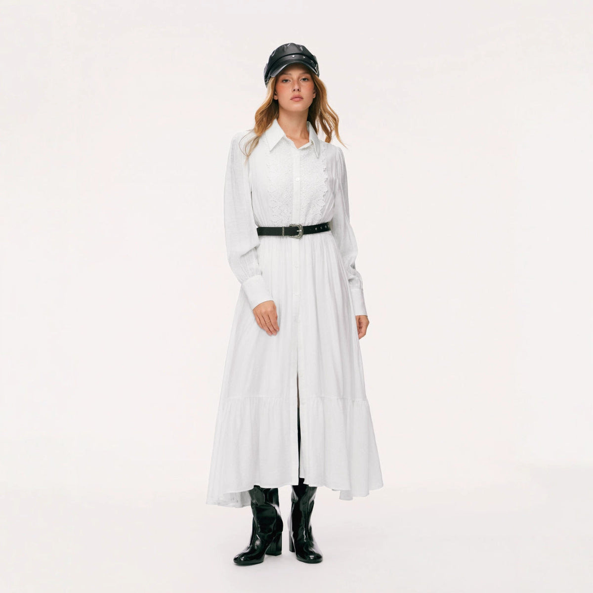 Robe chemise longue pour femmes avec dentelle, taille cintrée et jupe à volants