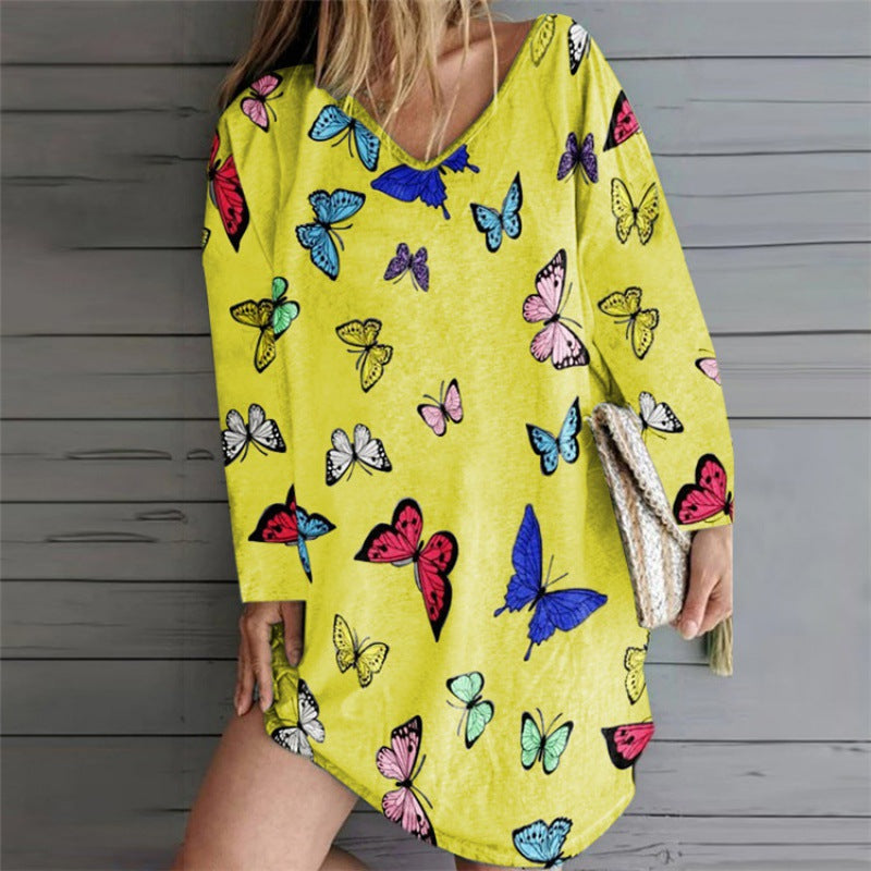 Robe tunique oversize pour femmes avec décolleté en V et imprimé papillon Echo Archive