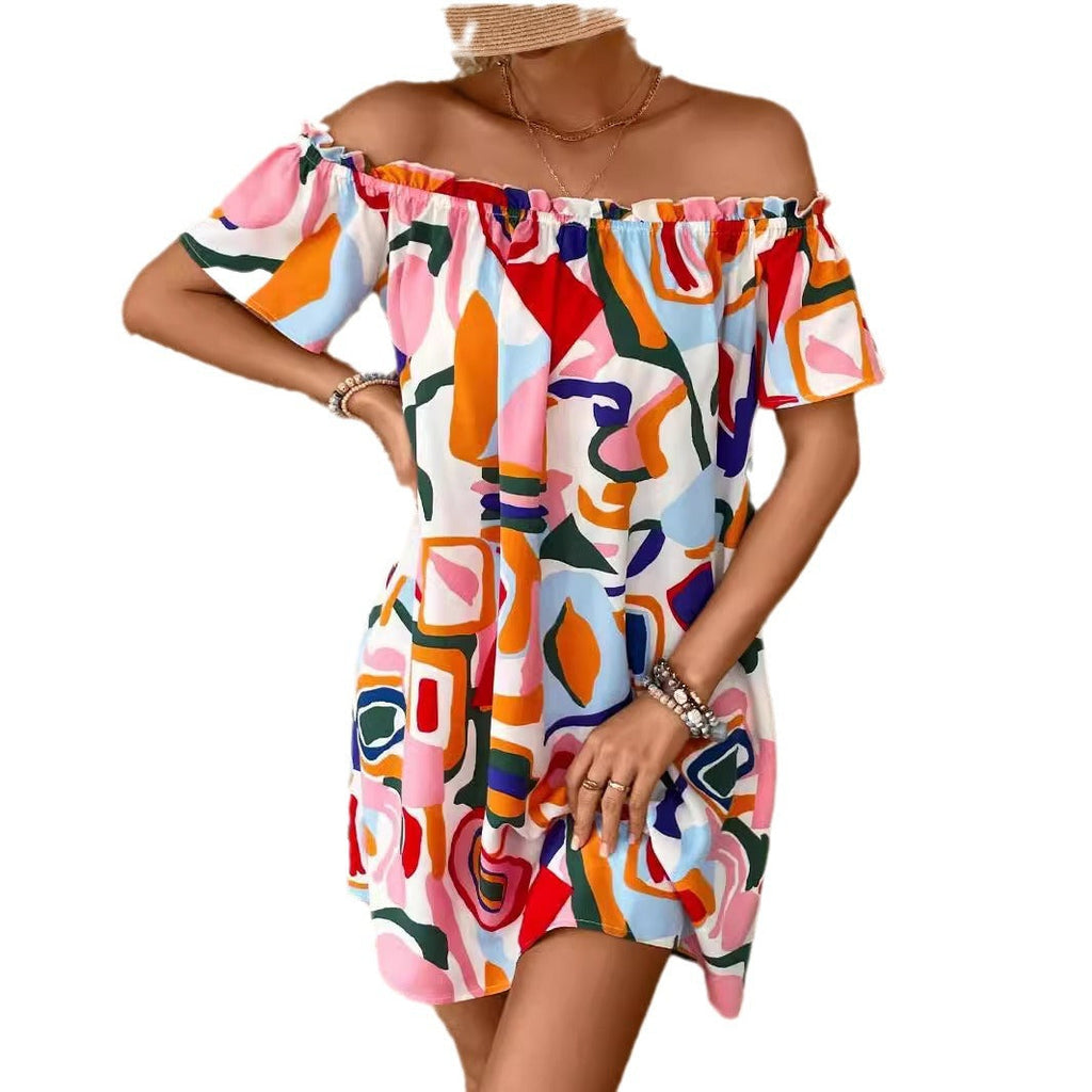 Robe mini A-line sans manches avec col élastique froncé et manches volantées R&B