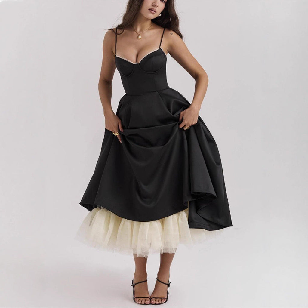 Robe midi rétro inspirée pour femmes avec corsage, coutures sous la poitrine, jupe évasée et poches latérales R&B