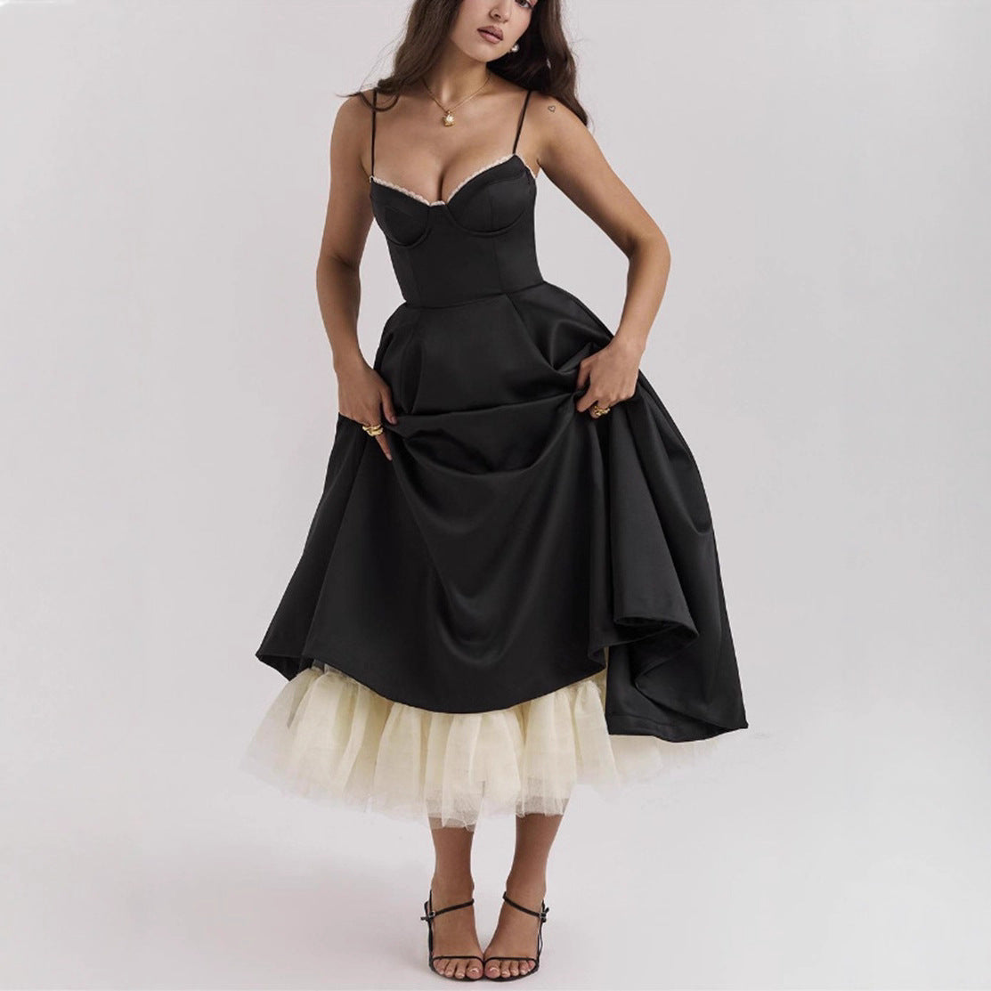 Robe midi rétro inspirée pour femmes avec corsage, coutures sous la poitrine, jupe évasée et poches latérales R&B