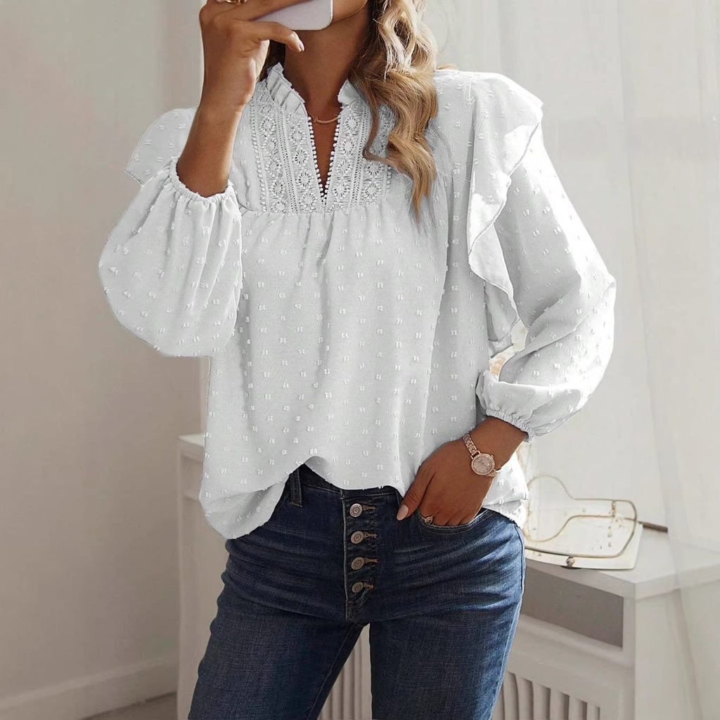 Blouse en viscose pour femmes avec broderie en dentelle et manches volantées