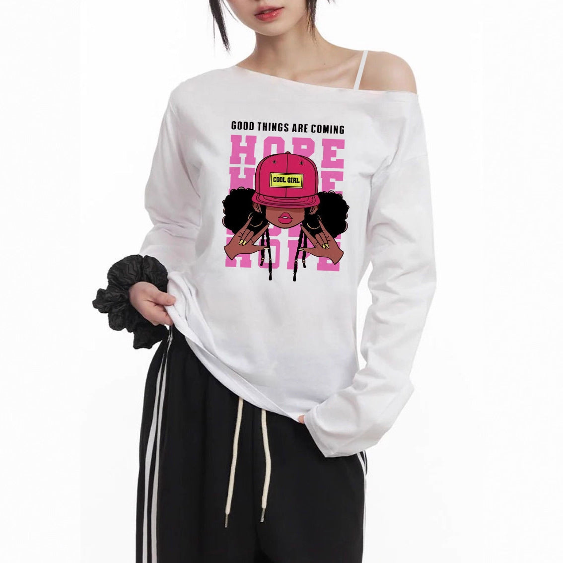 T-shirt décontracté à manches longues off-shoulder pour femmes avec impression graphique cartoon de grande taille - Echo Archiv