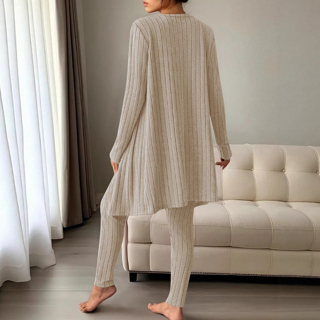Ensemble Lounge en Tricot Fin Côtelé pour Femmes avec Cardigan Long, Top Court et Leggings Taille Haute Echoarchiv
