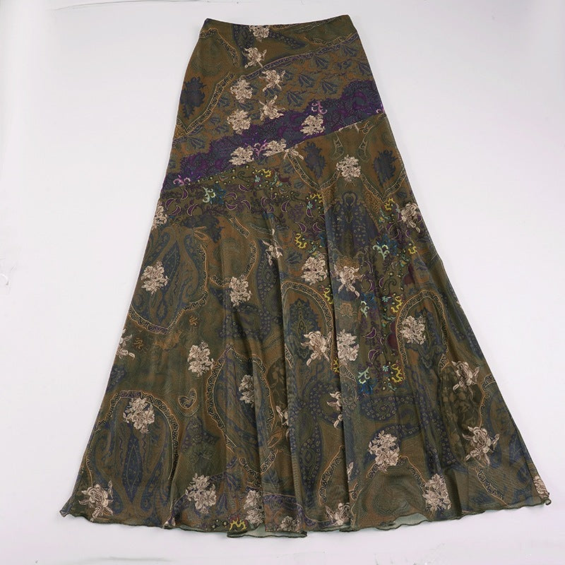 Jupe longue et élégante pour femmes au style vintage avec motif floral et coupe fluide R&B